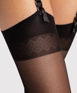 Sorte strømper til hofteholder med mønster på låret