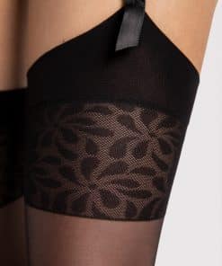 Sorte nylonstrømper til hofteholder med feminin blomsterkant.