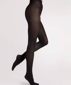 Sorte strømpebukser produceret i miljøvenlig nylon.