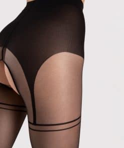 Bundløse sorte nylon strømpebukser med hofteholderlook.