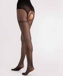 Bundløse strømpebukser i sort nylon med hofteholderlook.