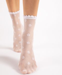 Forår og sommer strømper i hvid med smukke indvævede Margueritblomster