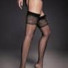 Hofteholderstrømper i sort nylon med bred kant med mønster af indvævede blomster.