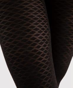 Strømpebukser i sort nylon med enkelt rudemønster indvævet i hele strømpen.