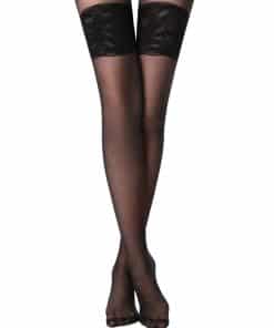 Woman wearing sheer black thigh-high stockings with a lace top on her legs and crossed ankles