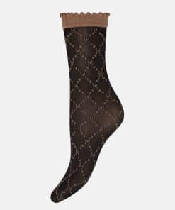 Black sheer sock with a tan scalloped cuff and tan diamond lattice pattern in a knee-high style.