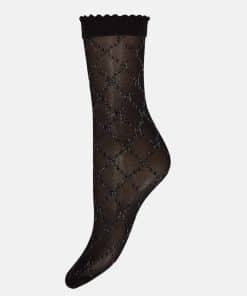 Black sheer knee-high sock with a diamond lattice pattern and subtle embellishments, scalloped top edge