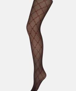 Black sheer tights with a red diamond lattice pattern, shown on a leg mannequin.