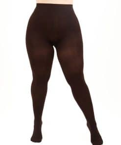 Back view of a person wearing dark, opaque tights, standing with legs apart.