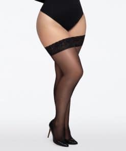 Lower body of a person wearing black stockings with a lace top and black high heels, standing sideways.