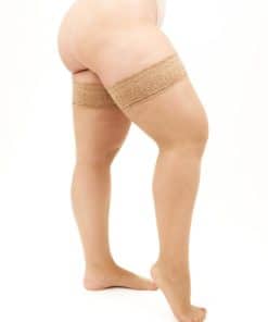 Back view of a person wearing beige lace thigh-high stockings on both legs.