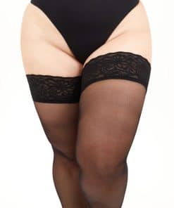 Back view of a person wearing black lace thigh-high stockings and a black brief, shown from mid-thigh to waist against a white background.