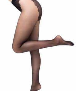 Legs in sheer black stockings with a lace thigh-high band, one leg raised in a bent pose.