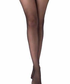 Woman's legs in sheer black pantyhose, crossed at the ankles, against a white background.