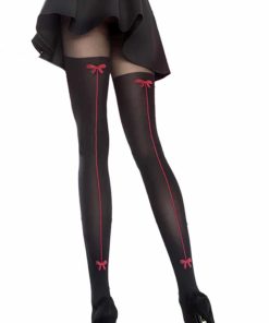 Sorte nylonstrømpebukser med overknee look, rød søm og røde sløjfer.