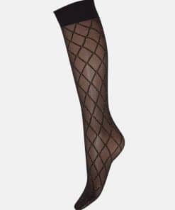 Black sheer knee-high stocking with a black diamond lattice pattern and a solid top band.