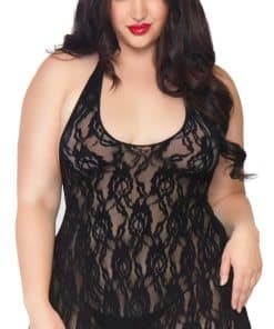 Plus-size woman wearing a sheer black lace chemise with a floral pattern and scalloped hem, posing for a lingerie product photo.