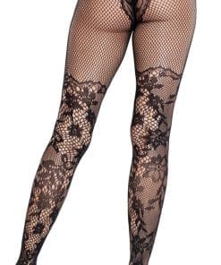 Back view of a person wearing black lace fishnet tights with floral patterns and black high heels with red soles.