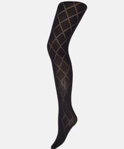 Leg in black fishnet stockings with a diamond pattern, shown from thigh to toe against a light background.