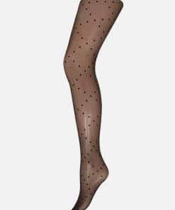 Leg wearing sheer black polka-dot tights against a light background