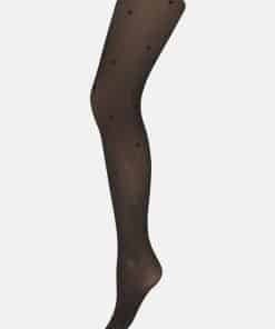 Full-length black sheer tights with tiny heart motifs scattered along the leg.