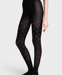 Sorte nylon strømpebukser med mønster af små brune hjerter.