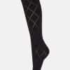 Black knee-high sock with diamond lattice pattern running along the leg