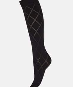 Black knee-high sock with diamond lattice pattern running along the leg