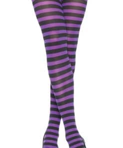 Crossed legs in purple and black striped tights, with a dark mini skirt and black patent heels.