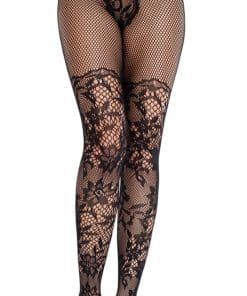 Black lace fishnet tights with floral pattern, full-length on model legs