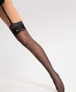 Strømper til hofteholder i sort nylon med grå kant med guldglimmer og sort bånd med prikker med guldglimmer.