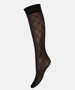 Knæstrømper i sort gennemsigtig nylon med indvævet sort mønster af ruder med guldglimmer og med bred elastisk kant med bølge.